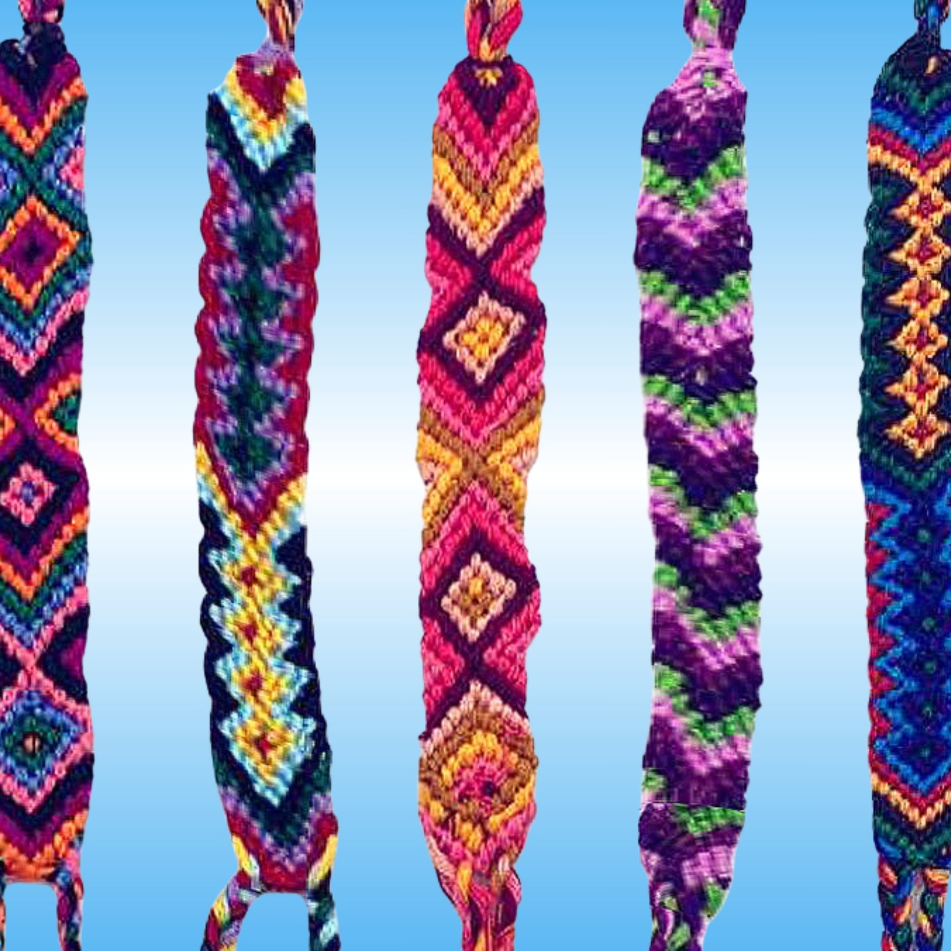 Five colorful knotted friendship bracelets with geometric patterns hanging vertically against a light blue gradient background.