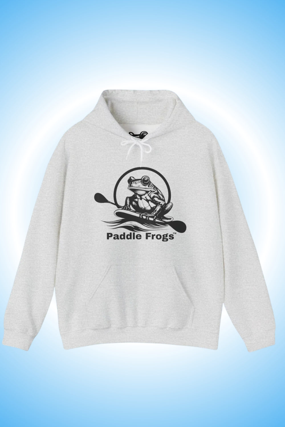 A light heather gray pullover hoodie with a black graphic of Paddle Frogs paddleboarding logo centered on the chest. Kayak and paddle sports active wear.
