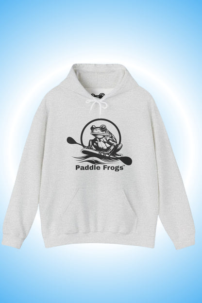 A light heather gray pullover hoodie with a black graphic of Paddle Frogs paddleboarding logo centered on the chest. Kayak and paddle sports active wear.