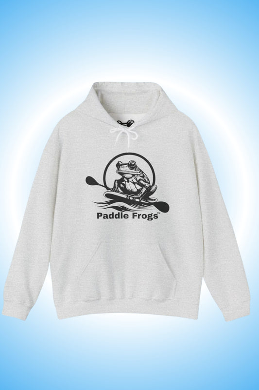 A light heather gray pullover hoodie with a black graphic of Paddle Frogs paddleboarding logo centered on the chest. Kayak and paddle sports active wear.