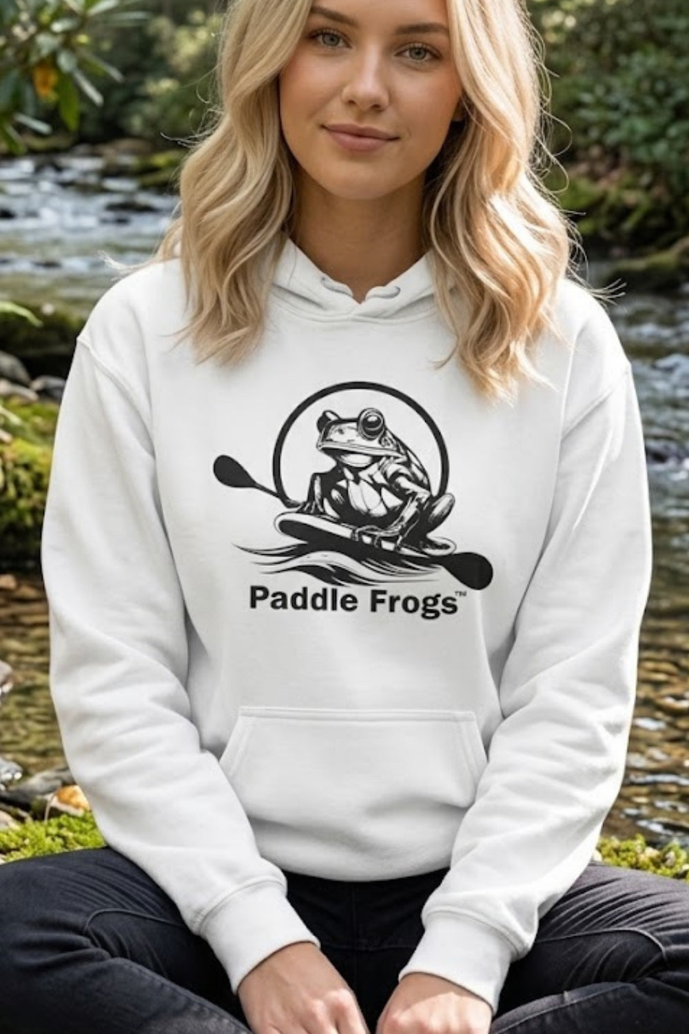 Paddle Frogs™ original paddleboarding logo Heavy Blend Hoodie, white. Cozy warm soft ladies baggy fit Sweatshirt with a hood.