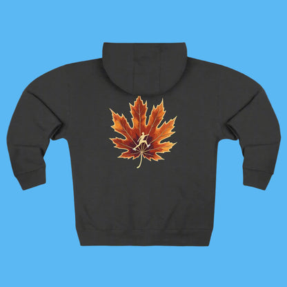 Paddle Frogs Ice Skate on Autumn Trail Black edition 2025 hoodie with a maple leaf design on the back against a white background
