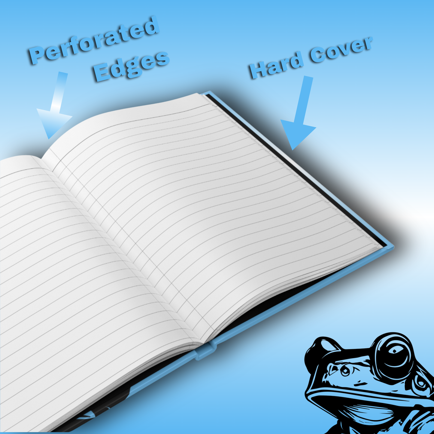 Paddle Frogs Journal | Open notebook with text indicating 'Perforated Edges' and 'Hard Cover' on a blue background.