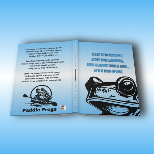 Hard Cover Journal an Open book with Paddle Frogs branding on a blue background
