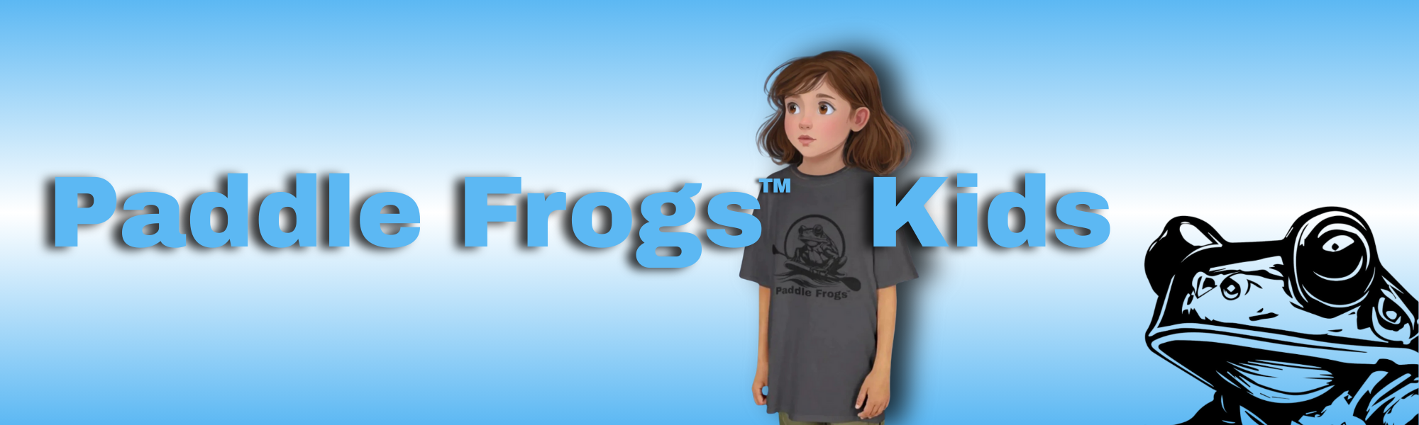 Paddle Frogs™ Kids | Person wearing a 'Paddle Frogs Kids' t-shirt with a blue background and frog logo.