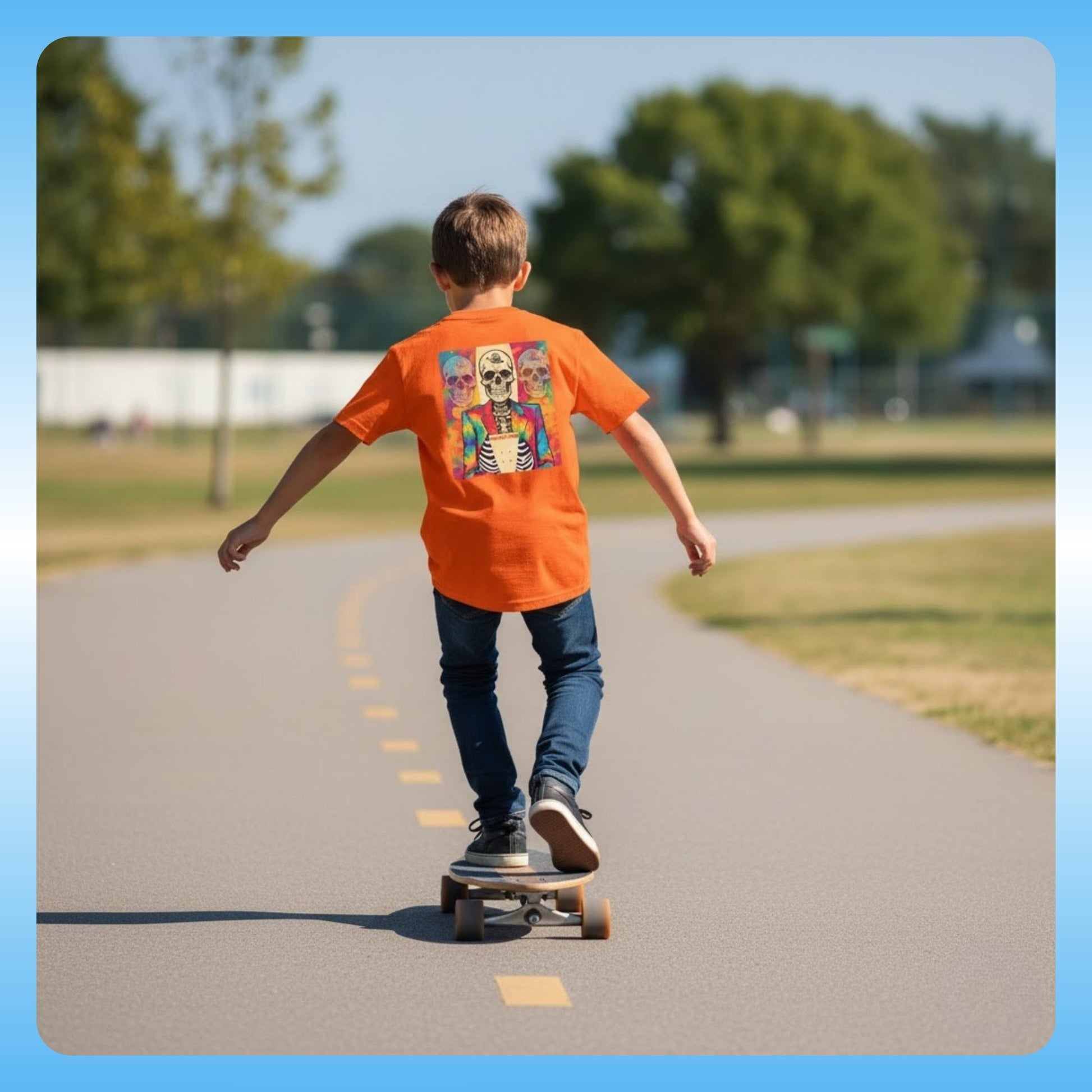 Paddle Frogs Kids - Balanced Bennie pintail longboard skateboard tee - Orange shirt Child skateboarding on a path with trees in the background