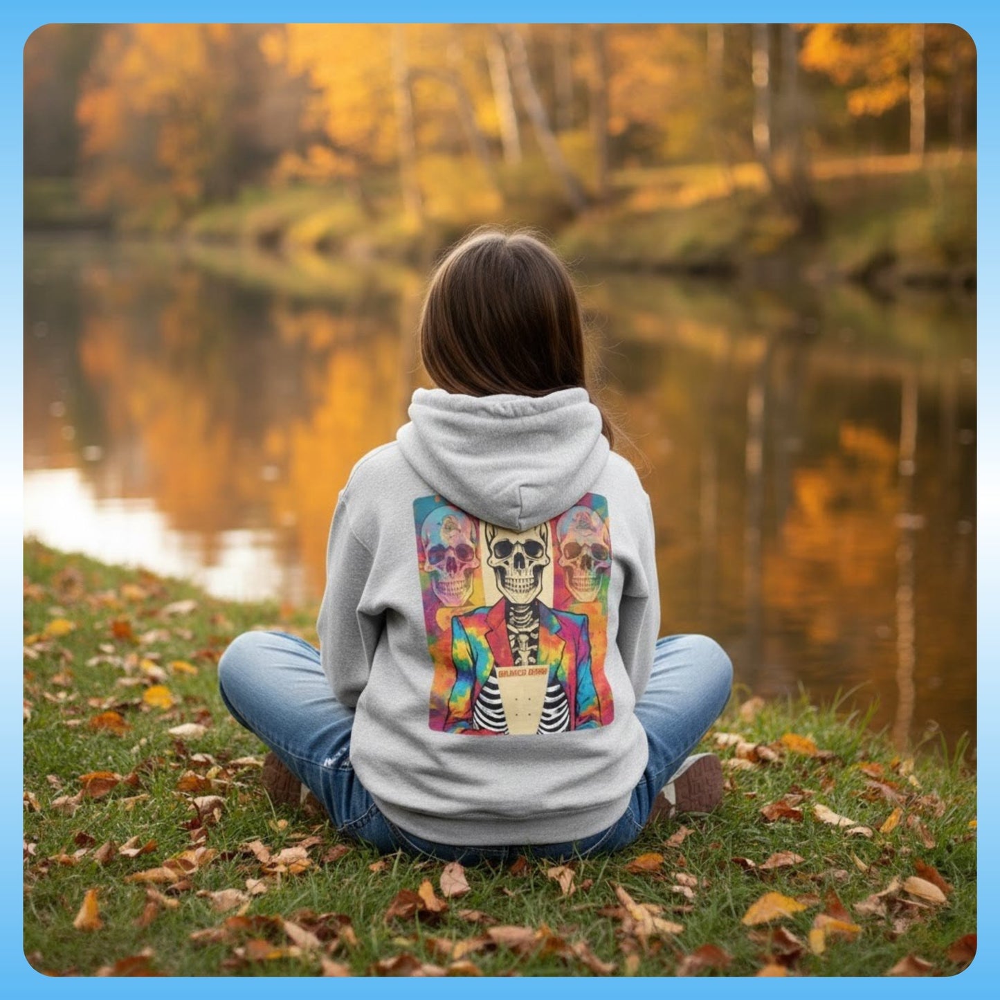 Person wearing a hoodie with a colorful skeleton design sitting by a lake in autumn. Paddle Frogs™ Kids Balanced Bennie Youth Hoodie crisscross applesauce by the river grey