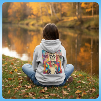 Person wearing a hoodie with a colorful skeleton design sitting by a lake in autumn. Paddle Frogs™ Kids Balanced Bennie Youth Hoodie crisscross applesauce by the river grey
