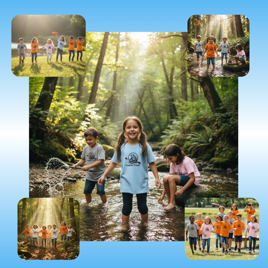 Paddle Frogs Kids T-Shirts | Available in 5 colors Tennessee Orange, Light Blue, Light Pink,  White, and Sport Grey | Collage of children playing outdoors with sunlight filtering through trees.