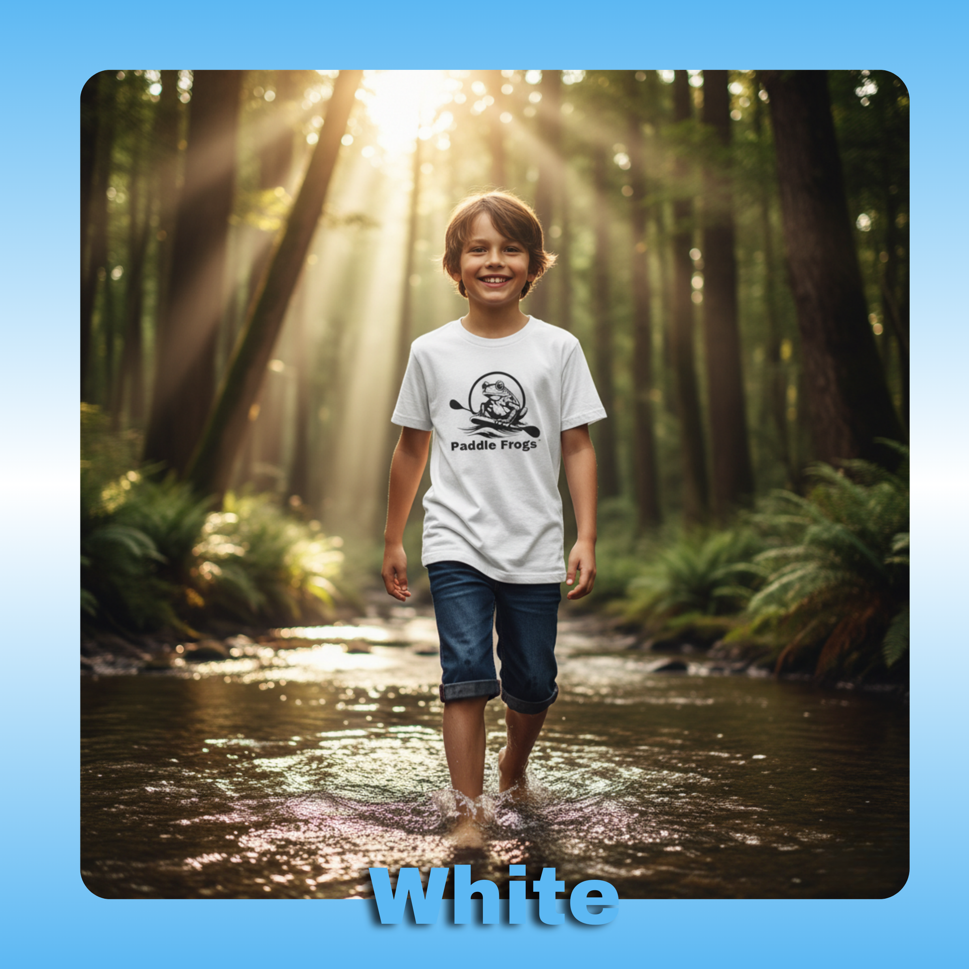 Paddle Frogs Kids T-Shirts | White with a 10 year old boy walking in the creek | Child walking through a forest stream with sunlight beams, wearing a white t-shirt.