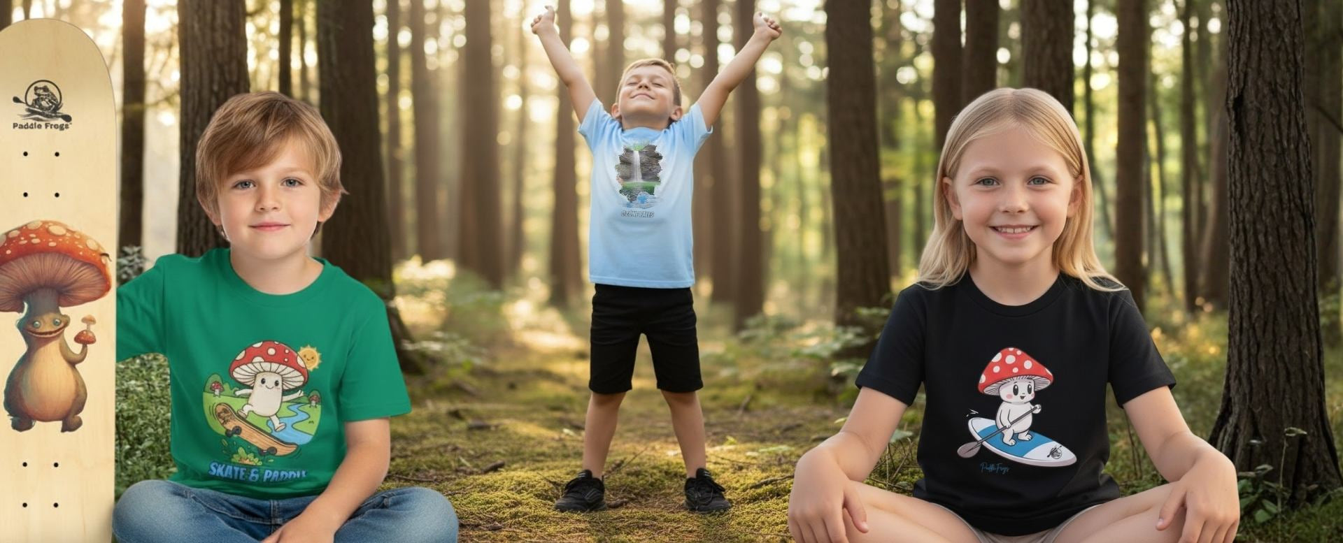 Three children in a forest setting one boy with a Boletus skateboard and t-shirts featuring Ozone Falls waterfall, Shiro and the Divine Escape paddleboard, and a mushroom designs. By Paddle Frogs Outdoor Gear
