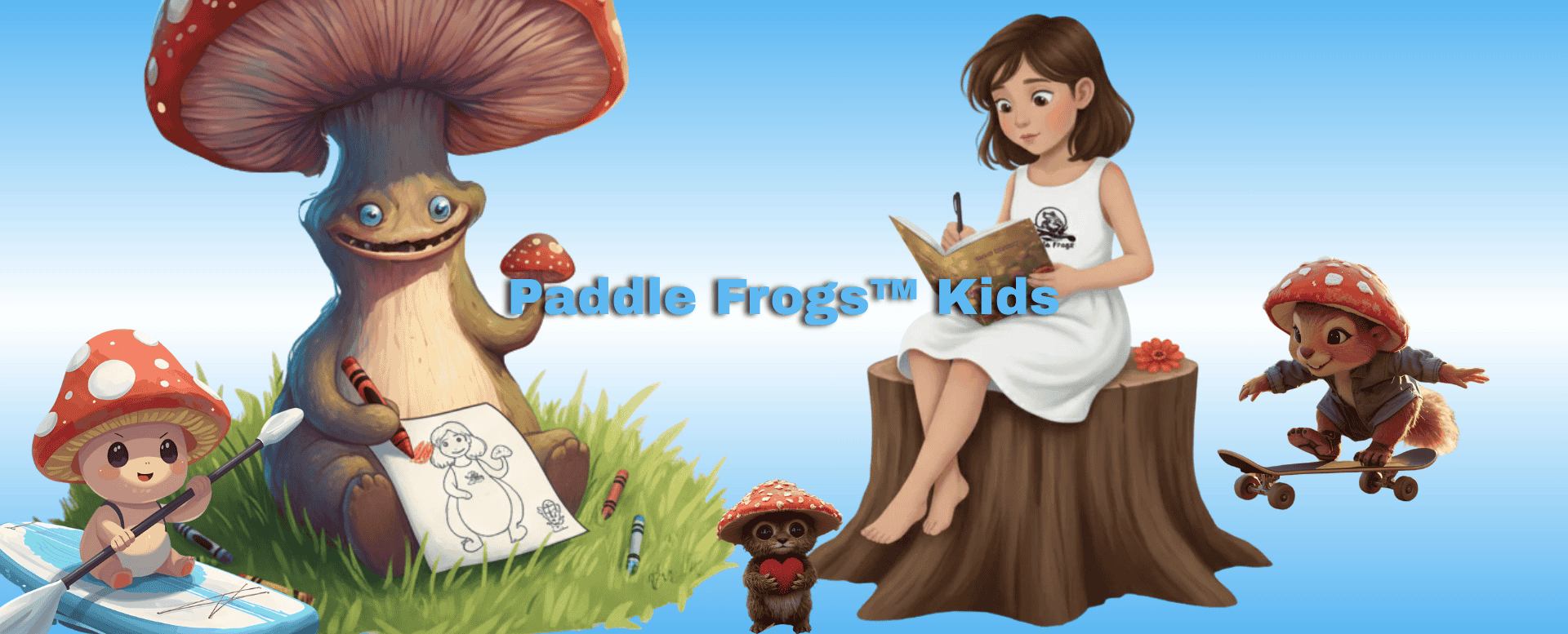 Illustration of Willow a girl with Paddle Frogs Kids characters Boletus, Chipmunk paddle boarding, skateboarding and coloring on a grassy background