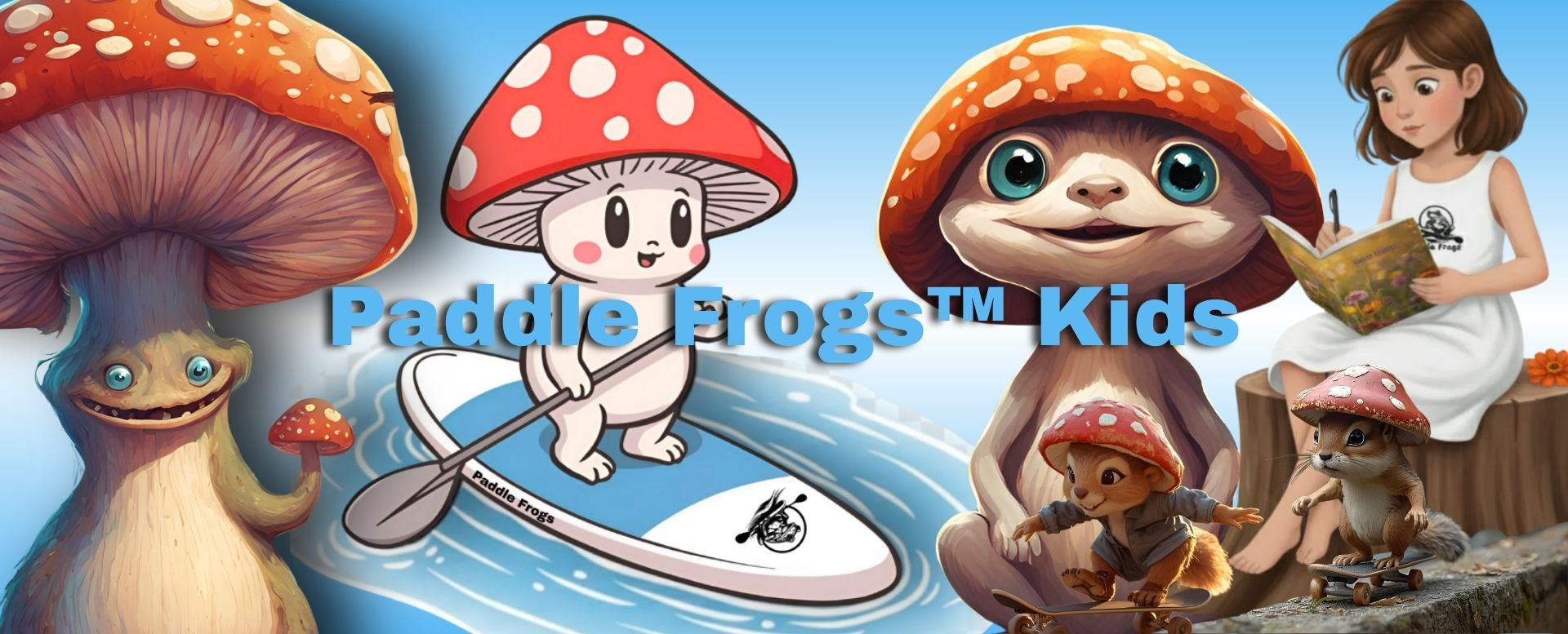 Cartoon Shiro, chipmunks, frogs with mushroom hats and Willow a child reading a book, featuring 'Paddle Frogs Kids' branding.