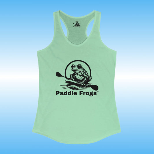 Paddle Frogs Ladies racer back tank top summer clothing in a cool mint | Light green tank top with 'Paddle Frogs' logo on a blue gradient background