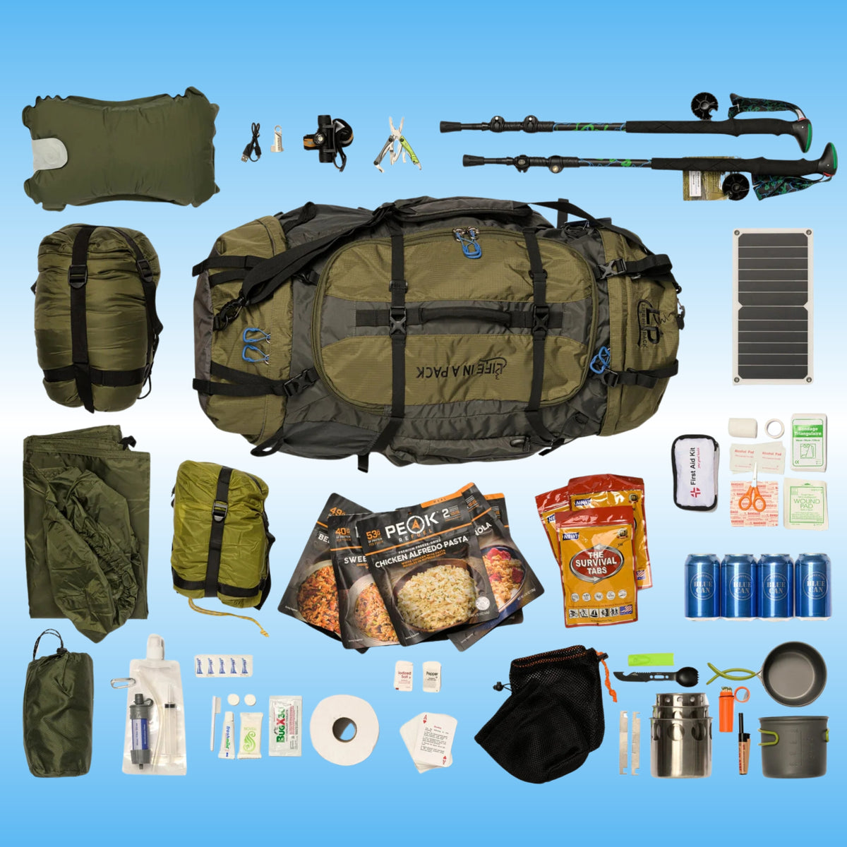 Paddle Frogs Life Pack, Backpacking Kit, Survival Kit all in one camping and hiking supply system