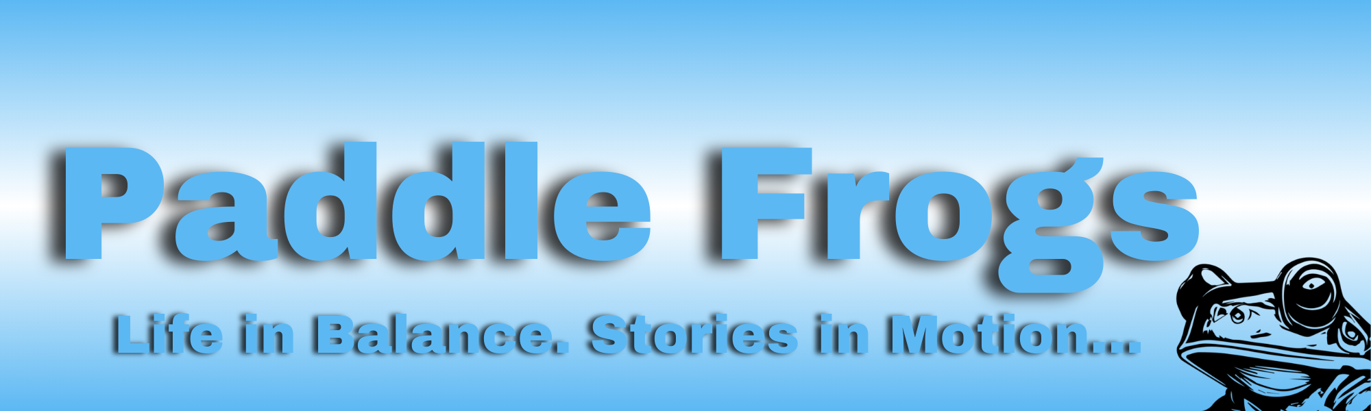 Paddle Frogs | Life in Balance. Stories in Motion. Head covers for Paddle board, skateboard, and nature lovers | Logo for 'Paddle Frogs' with a blue background and a stylized frog illustration.
