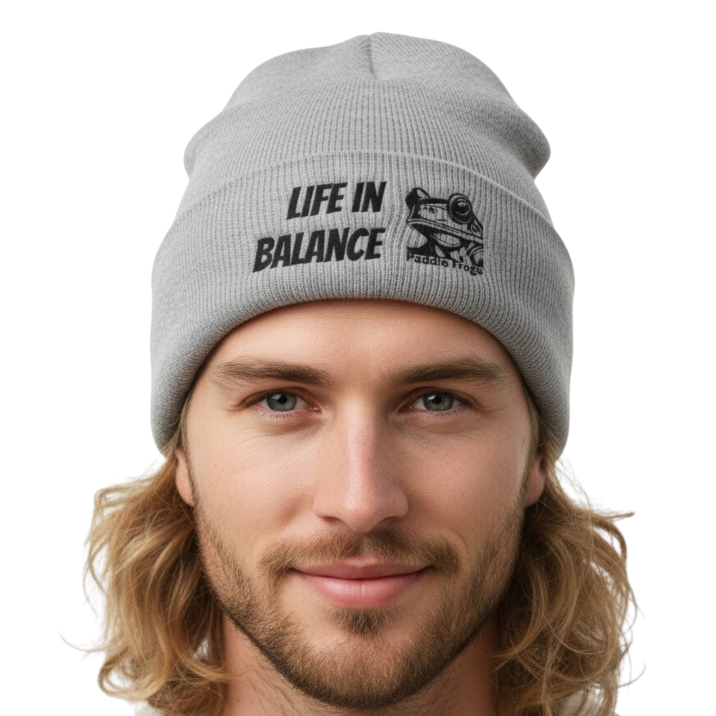 Paddle Frogs™ "Life in Balance" Classic Cuffed Beanie | Gray on a transparent background