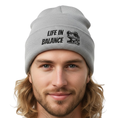Paddle Frogs™ "Life in Balance" Classic Cuffed Beanie | Gray on a transparent background