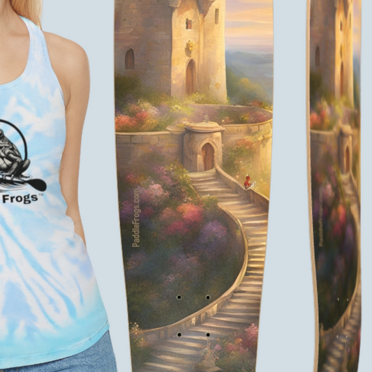 Paddle Frogs Long Board Skateboard Decks. This stunning longboard isn’t just a ride—it’s a journey through a magical realm. The board’s intricate castle-themed design, complete with towering spires and a dreamy pathway, evokes a sense of wonder and adventure