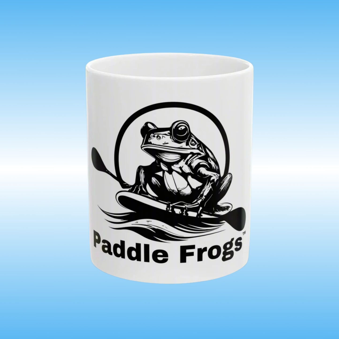Paddle Frogs MUG White with black frog on a paddle board 