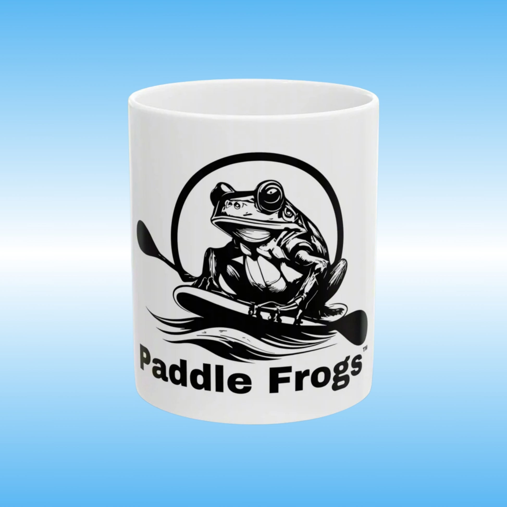 Paddle Frogs MUG White with black frog on a paddle board 