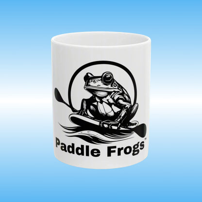 Paddle Frogs MUG White with black frog on a paddle board 