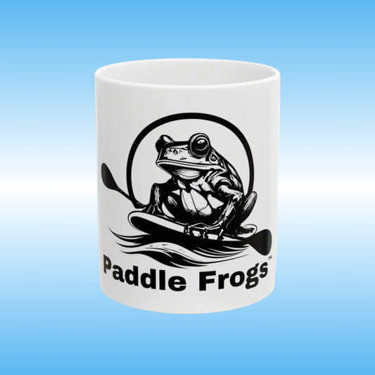 Paddle Frogs MUG White with black frog on a paddle board 