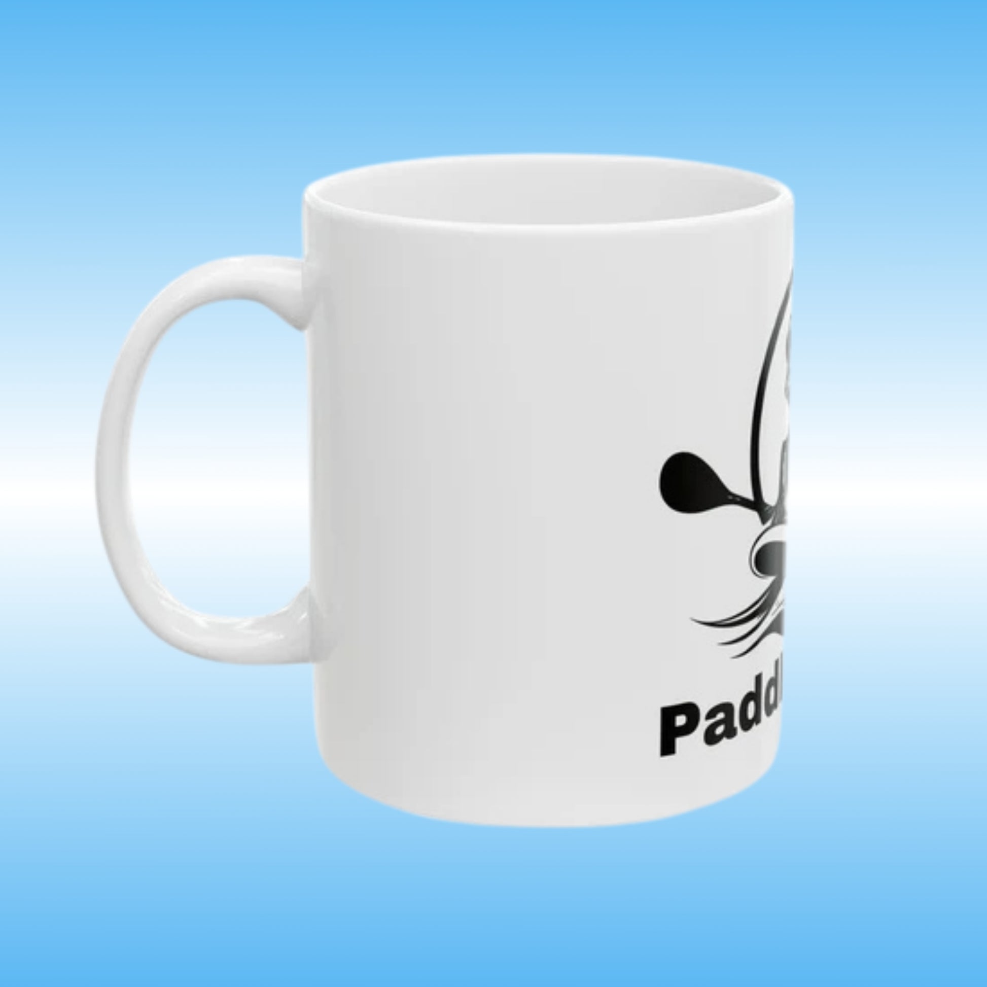 Paddle Frogs MUG White with black frog on a paddle board Left side angle