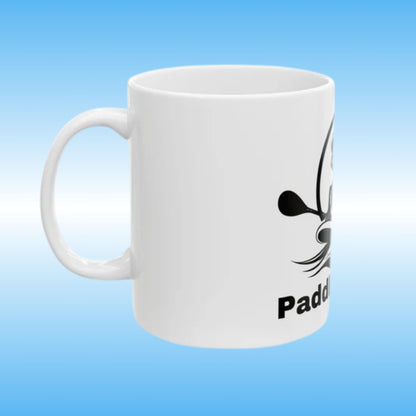 Paddle Frogs MUG White with black frog on a paddle board Left side angle