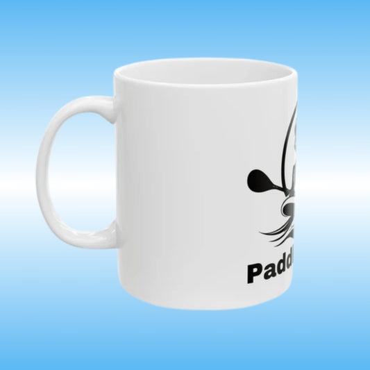 Paddle Frogs MUG White with black frog on a paddle board Left side angle