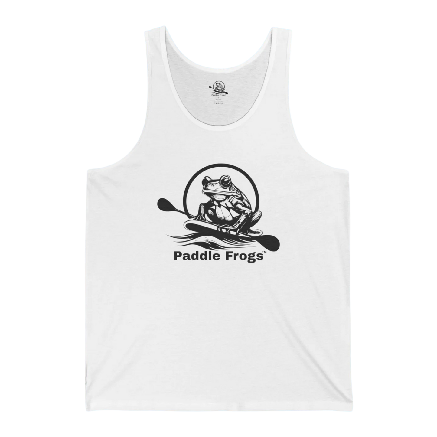 Paddle Frogs™ Men’s Tank Top | White tank top with 'Paddle Frogs' logo on a white background