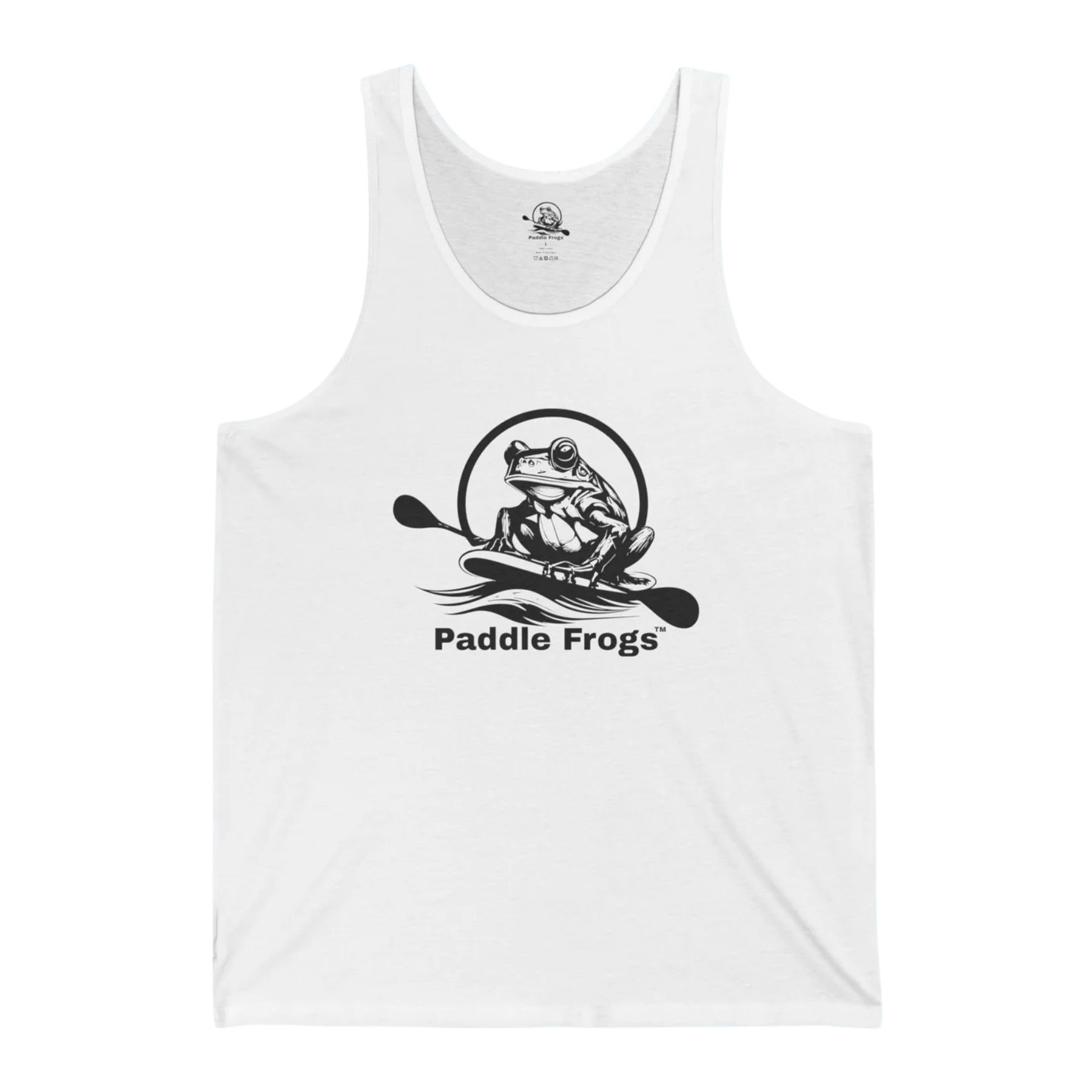 Paddle Frogs™ Men’s Tank Top | White tank top with 'Paddle Frogs' logo on a white background
