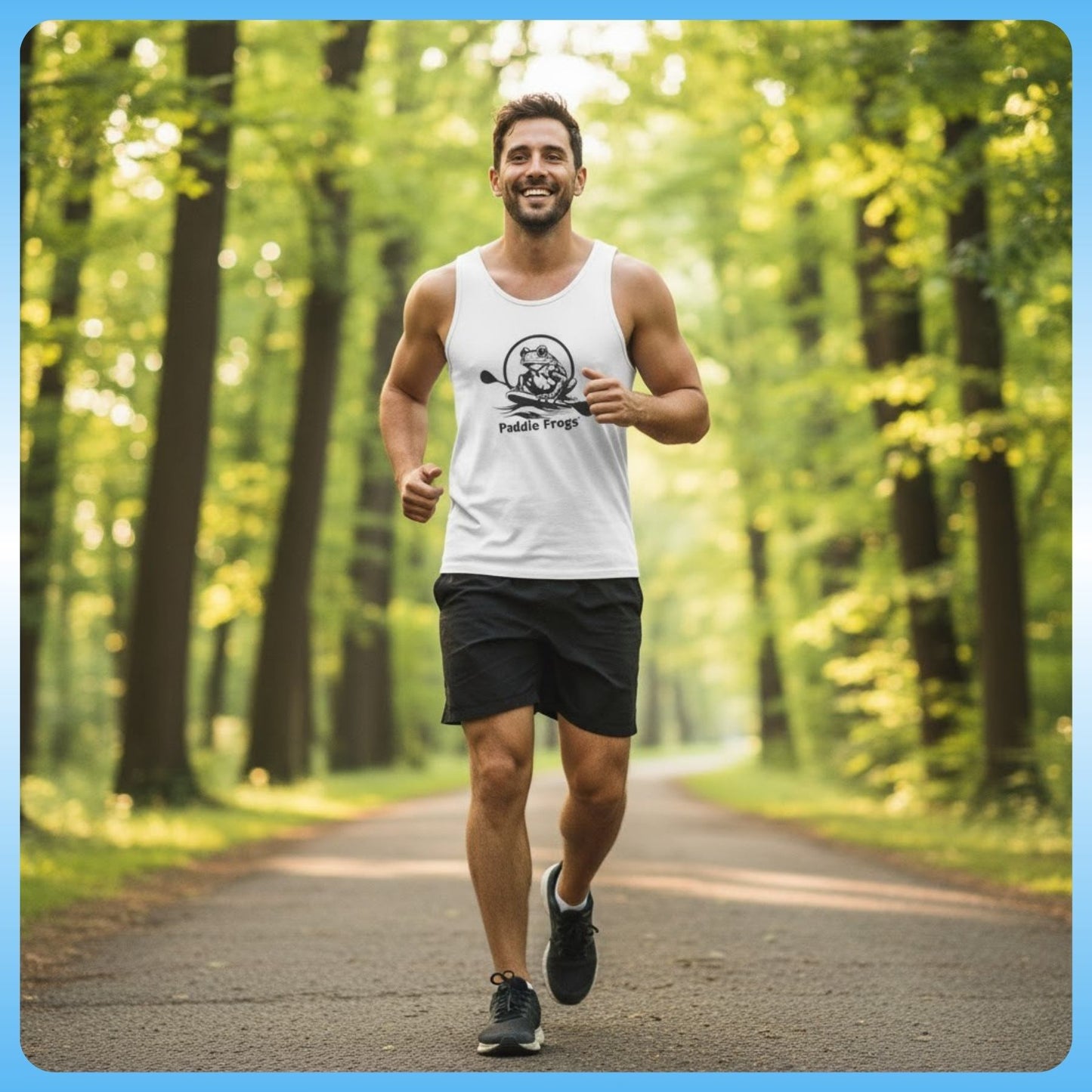 Paddle Frogs™ Men’s Tank Top ladies man running on a path in a forest with a 'Paddle Frog' tank top.