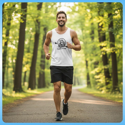Paddle Frogs™ Men’s Tank Top ladies man running on a path in a forest with a 'Paddle Frog' tank top.