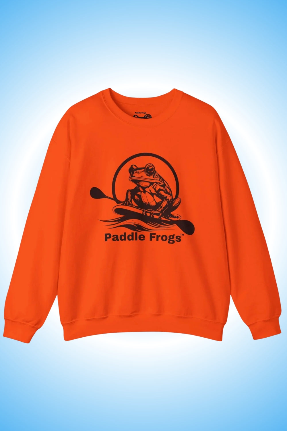 Original Men's Kayak & SUP Sweatshirt Paddle Frogs™ Bright orange crewneck for hunters, hiker, kayaking, paddleboarding, and camping.