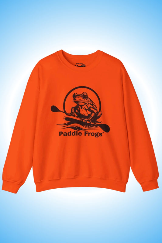 Original Men's Kayak & SUP Sweatshirt Paddle Frogs™ Bright orange crewneck for hunters, hiker, kayaking, paddleboarding, and camping.