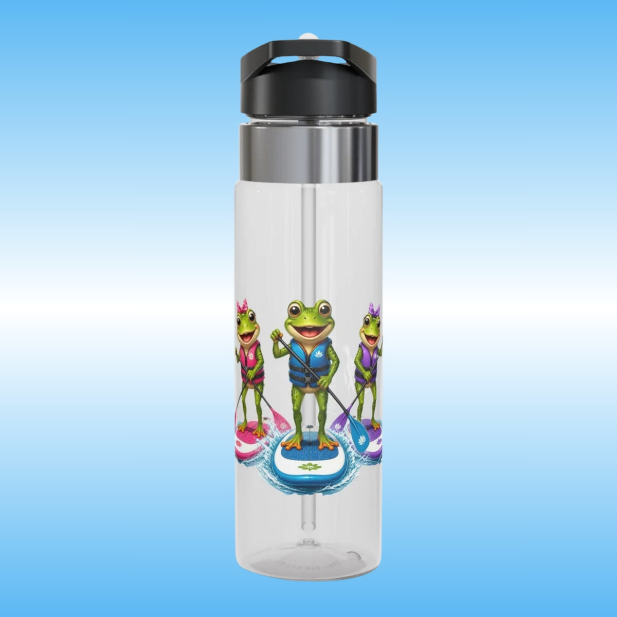 A clear plastic water bottle with a black and silver lid, featuring a colorful graphic of three cartoon frogs paddleboarding on the front, set against a blue gradient background.