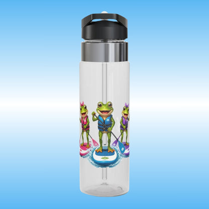 A clear plastic water bottle with a black and silver lid, featuring a colorful graphic of three cartoon frogs paddleboarding on the front, set against a blue gradient background.