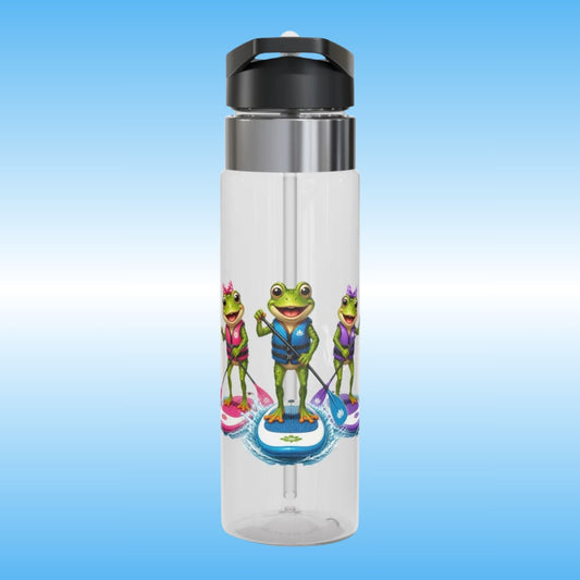 A clear plastic water bottle with a black and silver lid, featuring a colorful graphic of three cartoon frogs paddleboarding on the front, set against a blue gradient background.