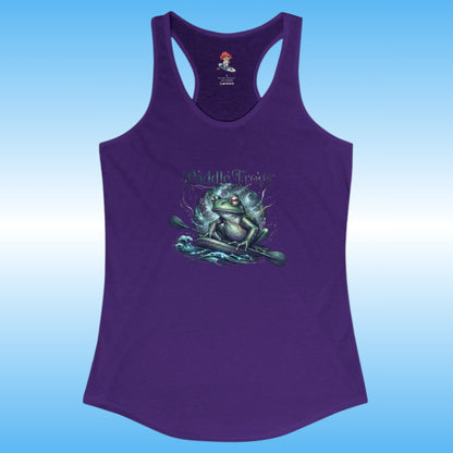 A purple racerback tank top featuring a graphic of a green frog meditating on water with the text 'Paddle Frogs'  printed on the front, set against a light blue gradient background.