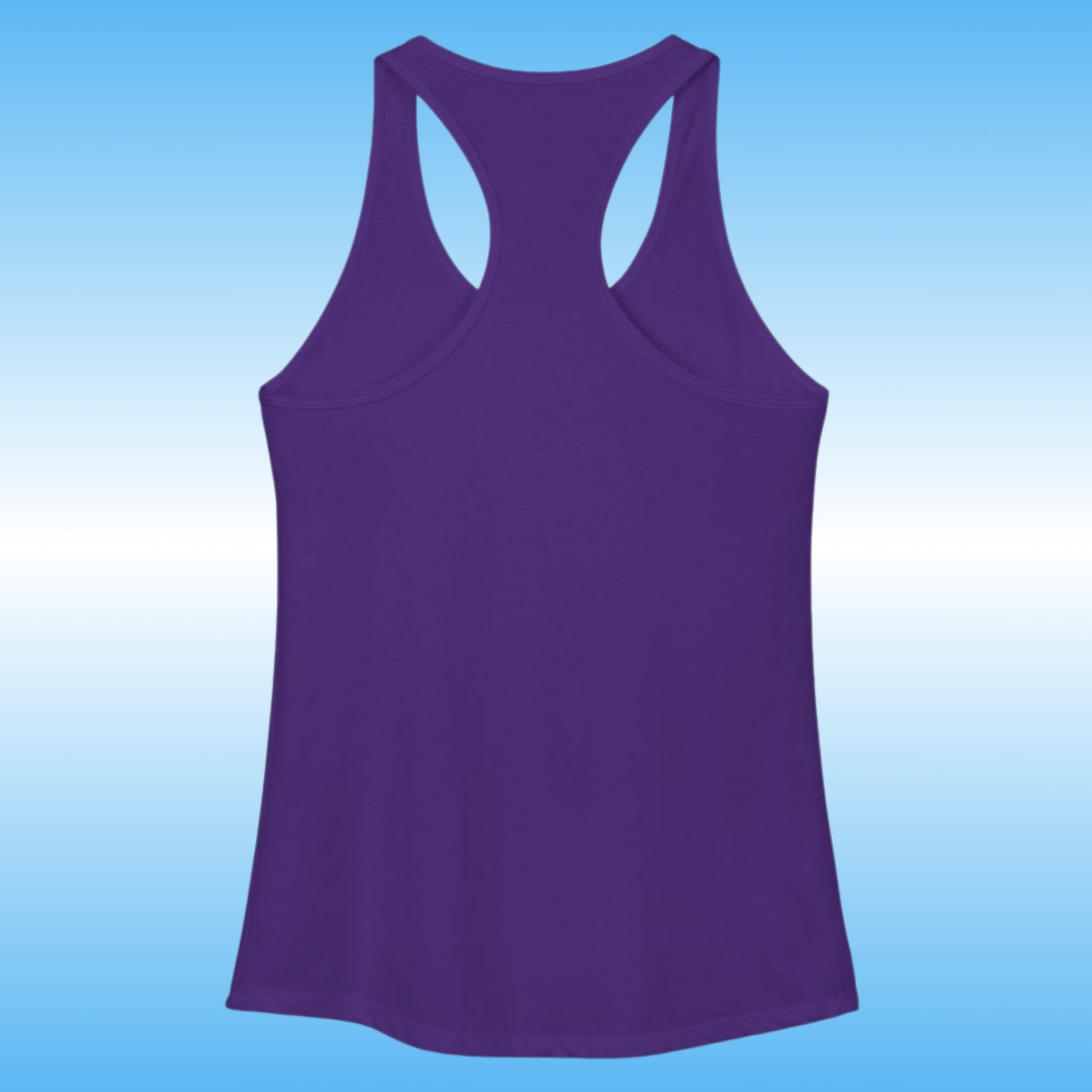 The purple rush racerback tank top shown from the back, centered against a light blue gradient background.
