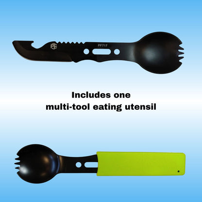 Bio Stove Cooking Kit includes one multi-tool eating utensil. Spork, knife, bottle opener, and more. All included.