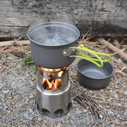 Bio Stove Cooking Kit includes two pots and a multi too. Here it is boiling water from just a few sticks.