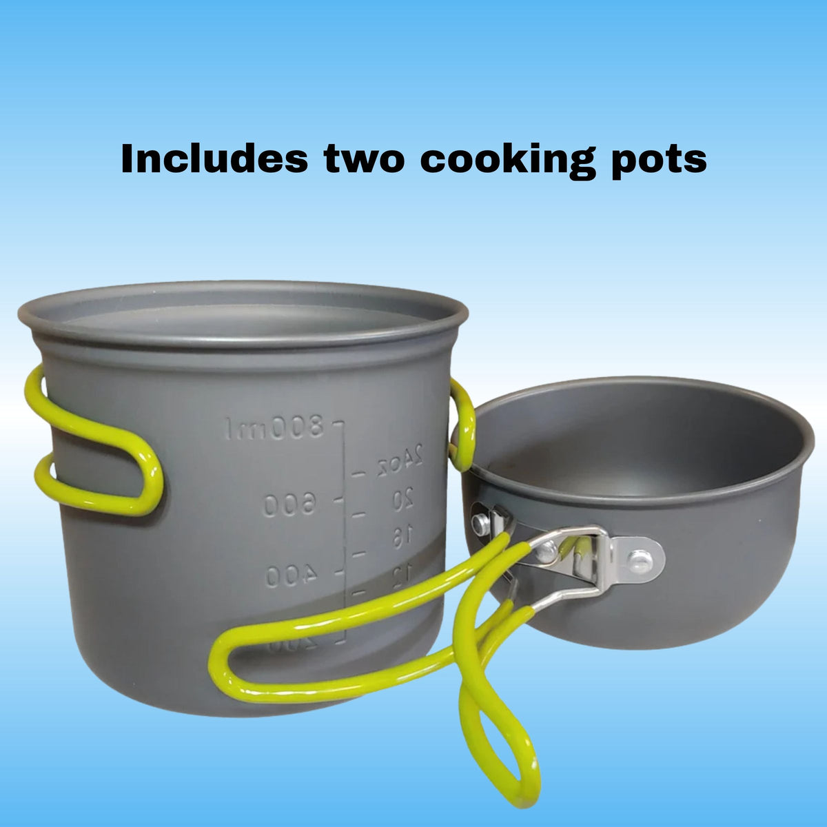 Bio fuel camping Stove Cooking Kit includes two cooking pots with handles.