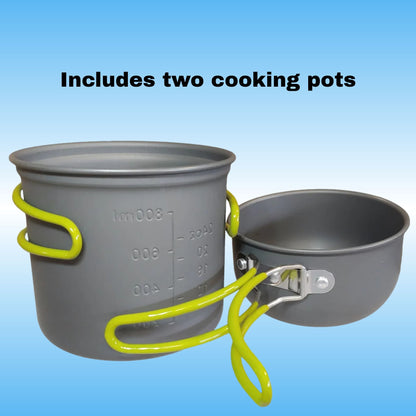 Bio fuel camping Stove Cooking Kit includes two cooking pots with handles.