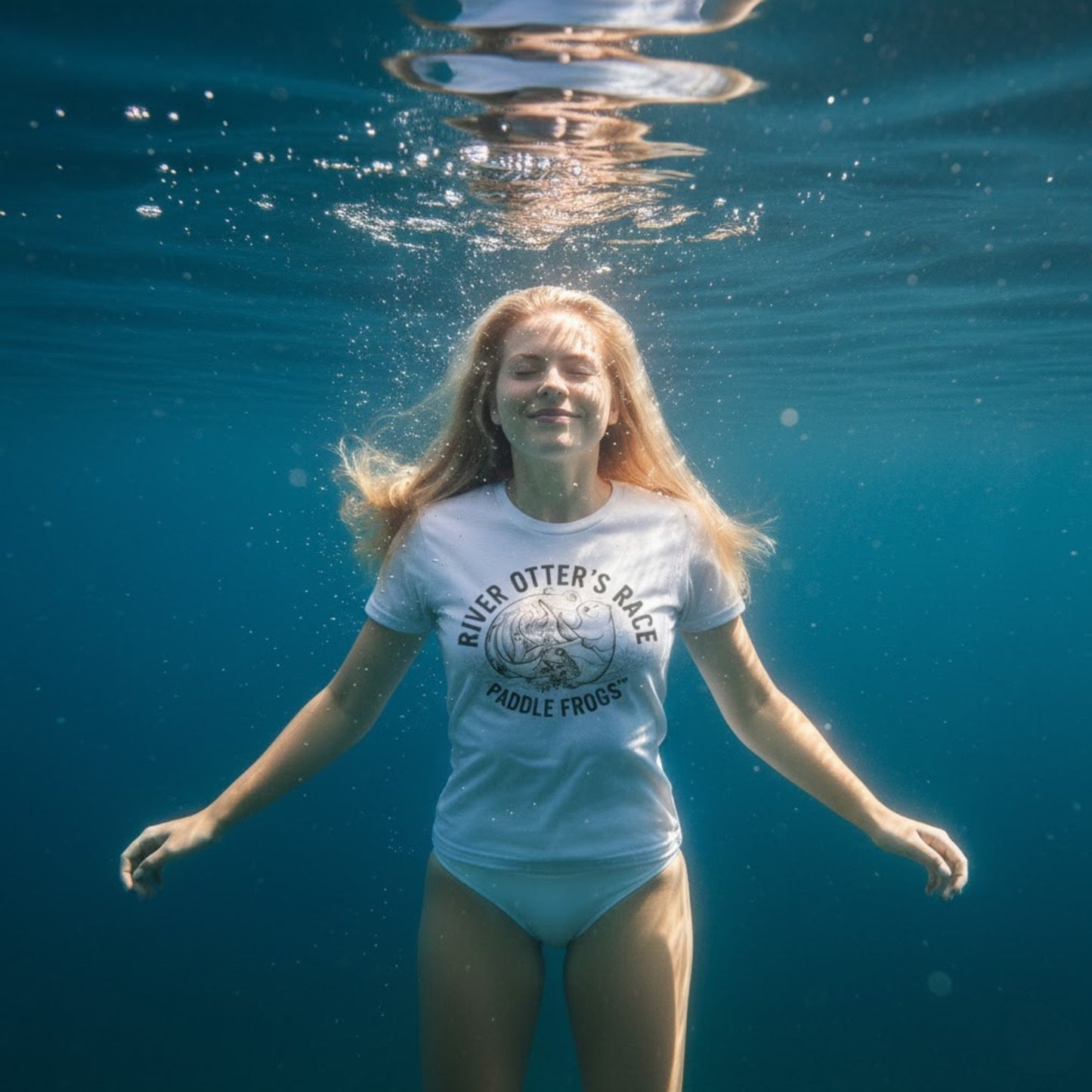 Paddle Frogs River Otter's Race White T-shirt modeled under water at the secret city quarry