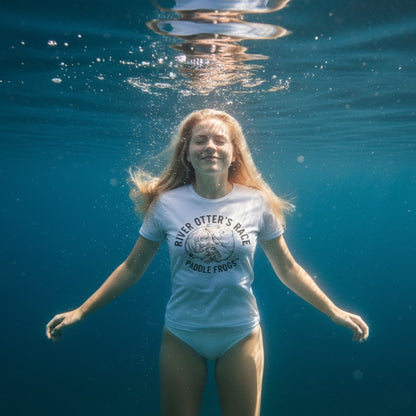 Paddle Frogs River Otter's Race White T-shirt modeled under water at the secret city quarry