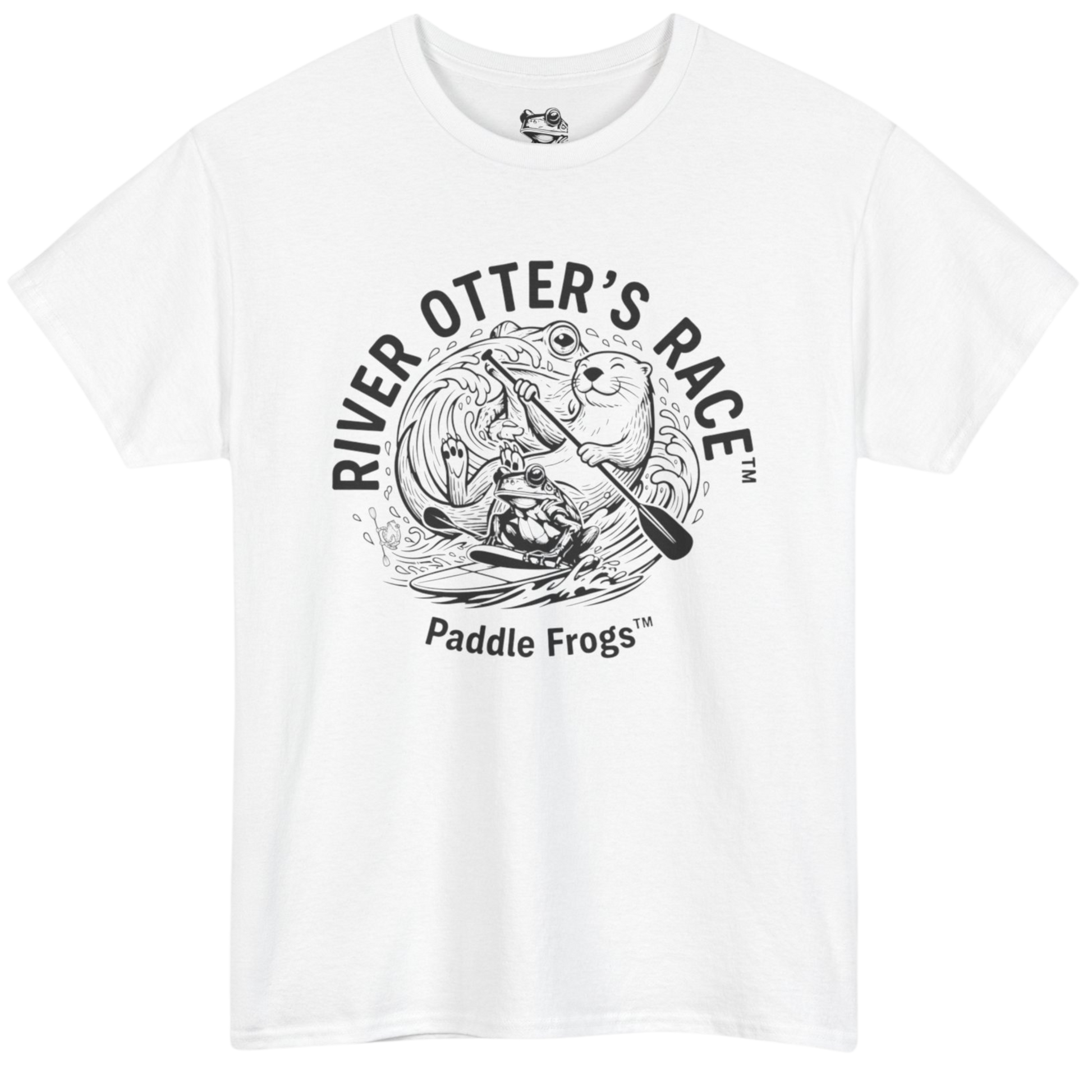White t-shirt with black graphic of an otter and text 'River Otter's Race' on a white background