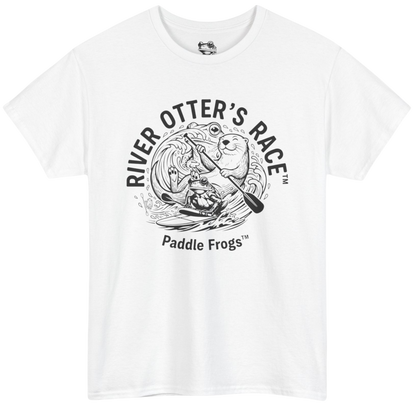 White t-shirt with black graphic of an otter and text 'River Otter's Race' on a white background