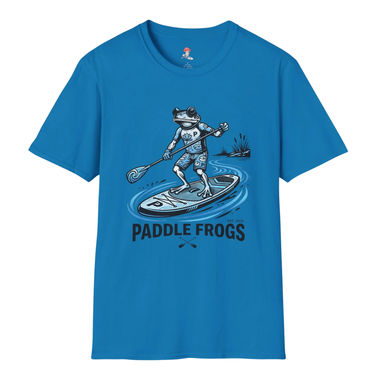 A bright sapphire blue crewneck t-shirt featuring a graphic of a frog paddleboarding with the text 'PADDLE FROGS' printed below, displayed on a clean white background.